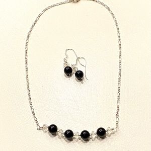Handcrafted Black Onyx and Clear Quartz Necklace and Earring Set